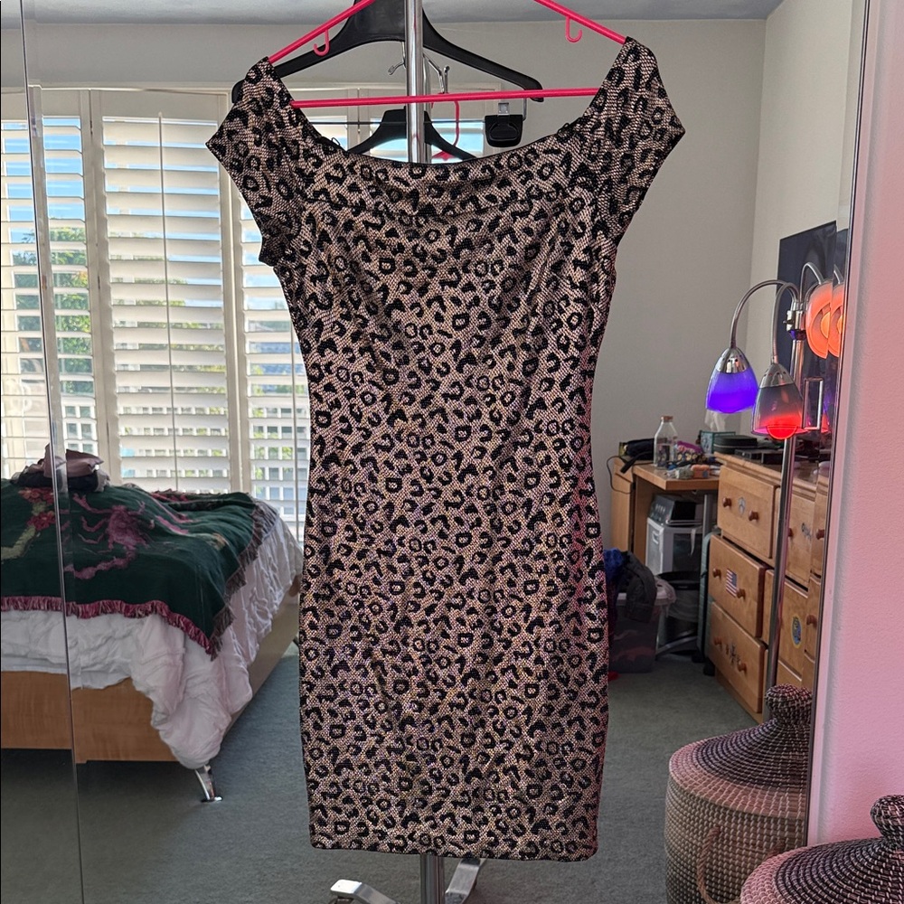 Guess Black and Tan Leopard Off The Shoulder Mini Dress